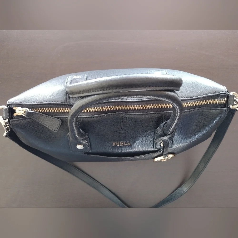 Furla Linda Medium Leather Black And Gold Satchel Bag